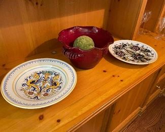 Italian ceramic bowl $40, large red ceramic bowl with green moss covered decor $40, ceramic plate $15