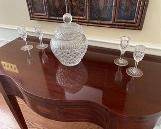 Baker entryway table - converts to game table (30" x 38" x 18") $325; Waterford jar with lid $50; Waterford glasses - SOLD