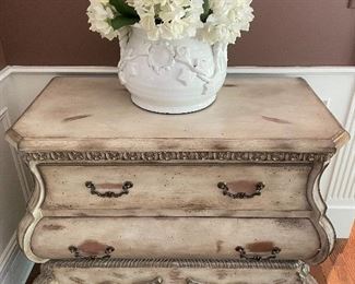 Bombay-styled 2-drawer chest (33" x 38" x 19") $200, white ceramic large pot with faux floral $75