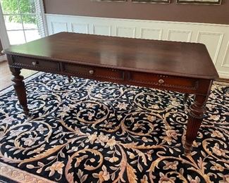 3-drawer executive desk by Milling Road (30" x 71" x 41") $300, Area rug (100 % wool) (11'2" x 8'5") - $500 - priced with consideration with wear on one edge 