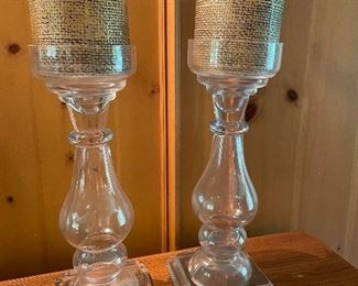 Glass pillar candle holders with candles - set $40