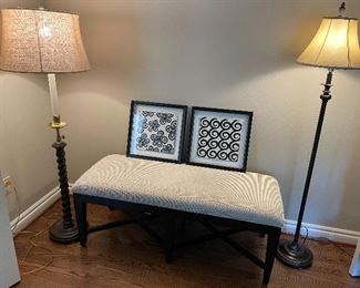 Linen bench  upholstered and wenge legs (19.5" x 51" x 21") $150, Floor lamps:  wood/brass with linen shade (60") $175, bronze (62") $80, set of black and white framed prints (17" square) $80