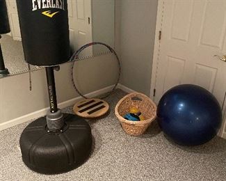 Everlast punching bag with stand $275, 25lb hand weight $20, exercise ball $15, other equipment - make an offer
