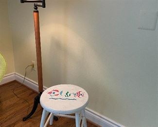 Floor lamp with swing arm $60, white wooden stool $10