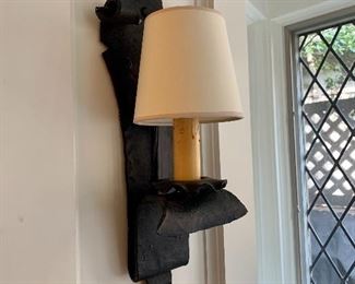 $195 - Pair rustic sconces with shades; 20"H x 8"W x 4.75"D - $50 removal fee
