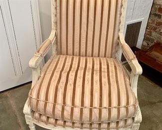 $495 - Century Louis XVI style custom upholstered painted wood arm chair. Cut Velvet and sateen striped fabric. 37.5"H x 26.5"W x 22"D (seat height 20"H)
