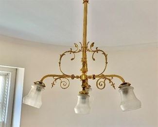 $500 - Large vintage French brass three arm/ four light chandelier. 35"H x 25"D - ONE GLOBE IS MISSING