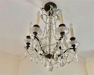 $350 - Vintage crystal and brass six-arm chandelier. 26"H x 18"D
