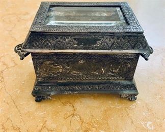 $60 - James W. Tufts (Boston) silver plate lidded casket box with handles. 4.5"H x 7"W x 4"D