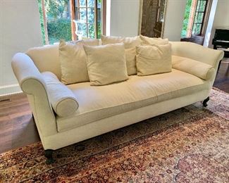 $1,950 - Ralph Lauren down stuffed sofa with rolled arms - includes all pillows; 37"H x 104"L x 42"D. Height to seat is approx. 19" 