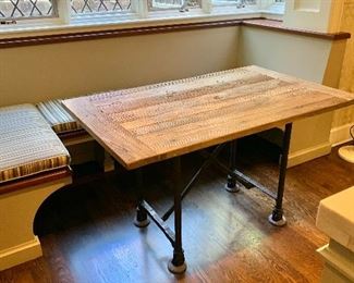 FIRM PRICE - $476 - Restoration Hardware recycled wood industrial table on casters - size customized by owner - 31" H x 52"L x 32" W