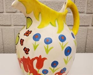 $40 - 'Be Happy' Hand Painted Pitcher - Matte finish with some scuffs, 9.5" H x 8.5" W x 6.5" D