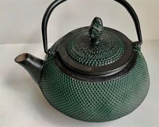 $50 - Green Cast Iron Tea Kettle - 7" D with spout X 5" H with top X 7" H with handle