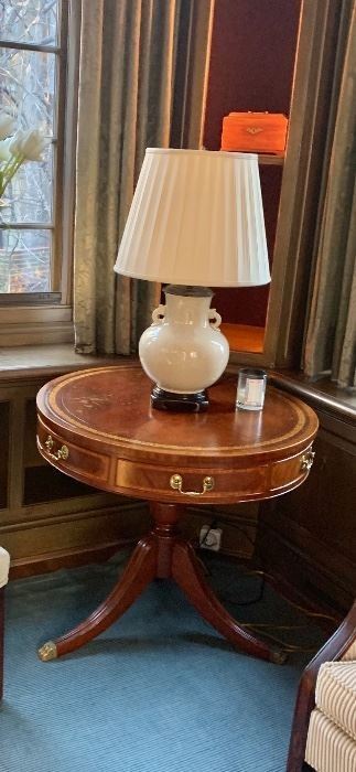 $175 - Crackle glaze ceramic lamp with hand made box pleat silk shade. Tested and working. 29"H x 17"D 9 (TABLE IS NOT FOR SALE)
