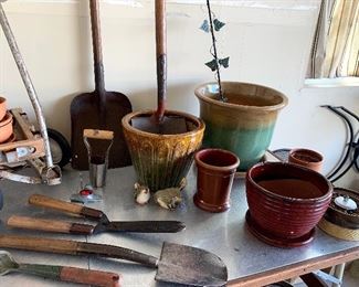 Great Vtg. garden tools and glazed planters
