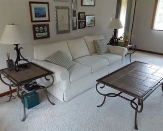 White upholstered sofa and 3-piece iron coffee table end table marble tile top