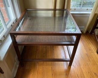 MCM glass top end table (small tear to woven shelf)