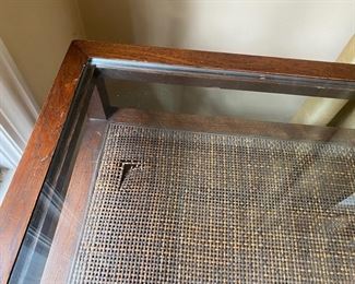 MCM glass top end table (small tear to woven shelf)