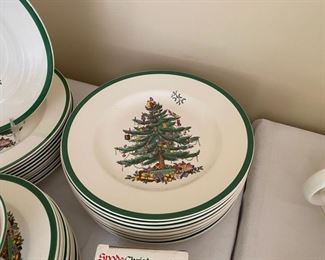 Spode "Christmas Tree" china set includes: 24 dinner plates, 16 bread plates, 18 cups & saucers, 2 dishes, 2-tier dessert plate, salt & pepper in box.