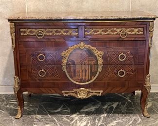 Vintage Italian marble topped commode with marquetry walnut and companion woods. Exquisite ormolu with rare cartouche of Ancient Greek scene. Measures 48" W x 21" D x 36" H. Photo 1 of 5. 