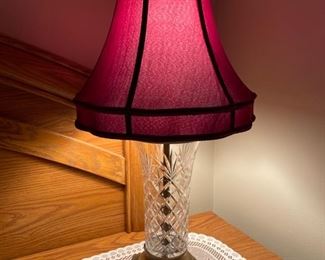Pair of crystal table lamps with red shades. Each measures 32" H. Photo 1 of 3. 