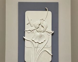 Carved wood iris signed by artist. # 56/100. Measures 21" W x 40" H. Photo 1 of 2. 