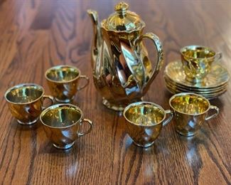Gold teapot and set of 6 teacups and saucers. Made in Japan. Photo 1 of 2. 
