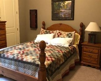 PINE BED AND QUEEN MATTRESS-OIL PAINTING ABOVE THE BED