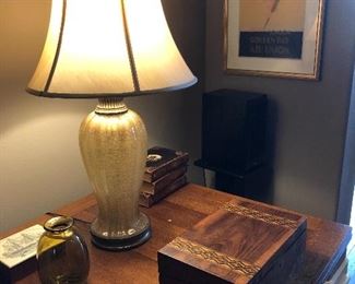 GLASS RPRODUCTION LAMP ON AN ANTIQUE DRAWING TABLE, ALSO ANTIQUE ENGLISH WRITING BOX