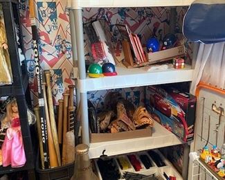 Wooden Baseball Bats, Baseball Gloves, Marx Train Set, Collectible Games