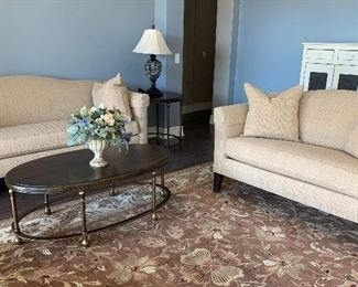 Ethan Allen Sofa and Loveseat, Thomasville Heritage Collection End Tables and Coffee Table, Ashley Table Lamps, Couristan Area Rug