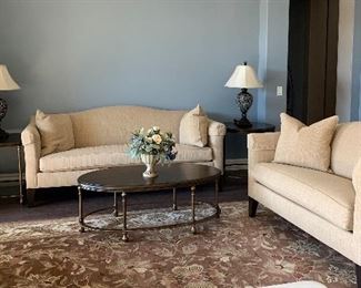 Ethan Allen Sofa and Loveseat, Thomasville Heritage Collection End Tables and Coffee Table, Ashley Table Lamps, Couristan Area Rug