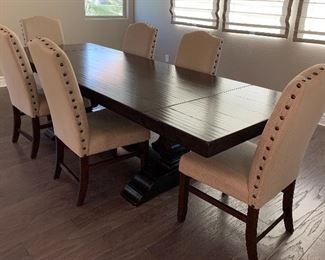 Pottery Table w Extensions and 6 Upholstered Chairs
