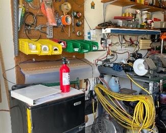 Black Mini Refrigerator, Extension Cord, Fan