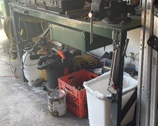 Metal work bench, Garbage Cans