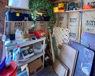 out Door Shed full, Shelves, Wood, Empty Tool Boxes