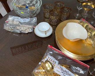 American Golden Heritage Silverware, Gold Chargers, Gold Rocks Glasses, International Silverplate Shell Flatware, Serving Bowls