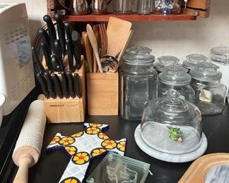Knife Set, Cross Spoon Rest, Texas Coasters, Cheese Dome, Canisters Glass, Tea Items