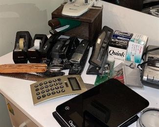 Staplers, Tape Dispensers, Ozeri Scale, Magnifying Glasses