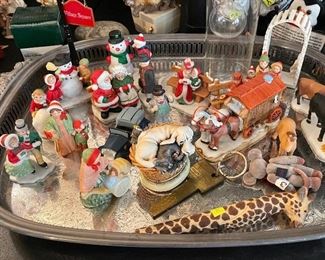 Lefton Christmas Village Figurines, Large Silverplate Tray