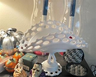 Milk Glass Fruit Holder, Harmony Kingdom Halloween, Frankenstein dish