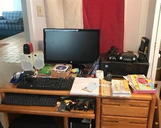 Computer, desk, office supplies