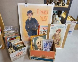 Vintage books, posters, campaign items