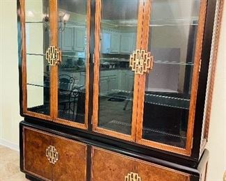 NOW $250 (was $395) Drexel China Cabinet. Asian inspired brass handles four large shells lower cabinet 82"H x 72"W x 16"D 
