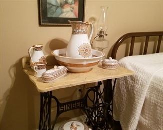 Repurposed sewing machine base table with set of "Grecian Border'