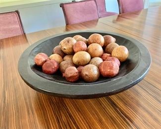 $150 - Large Crate & Barrel wood bowl filled with artificial pomegranates. 4.5'H x 20"D