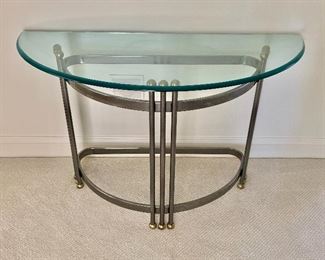 $325 - As Is - Contemporary glass, demilune console table - 37"H x 47.5"W x 22"D (tiny chip on back right corner of the glass)