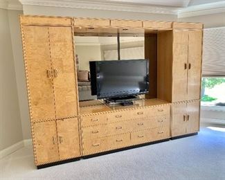 $950 - PROFESSIONAL MOVER REQUIRED! Henredon burlwood, three piece mirrored back wall/storage unit. Middle unit: 81.5"H x 64"W x 18"D (Overall width of three pieces: 116"W)