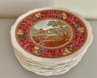 $240 - Lot of 12 Spode Dinner plates; 10.5” inches; Valle Crucis Abbey (6), Dolwyddelan Castle (3); Herstmonceaux Castle (3)