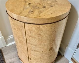$425 - Burlwood round side table with single hinged door - 25.5"H x 18.5"D.  